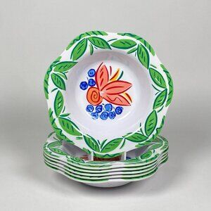 Trudeau Melamine Salad Cereal Bowls Set of 6 Fruit Blueberry Print Scallop Edges